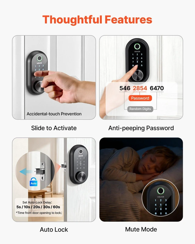 Alt view image 5 of 8 - VEVOR Fingerprint Door Lock, Electronic Biometric Deadbolt with Touchscreen, Auto Locking, One-Time Code, Anti-Peeking Password, Keyless Entry Door Lock with IC Cards, for Home, Apartment, Matte Black