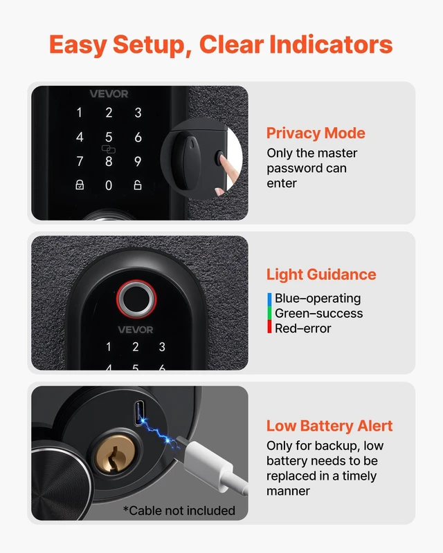 Alt view image 7 of 8 - VEVOR Fingerprint Door Lock, Electronic Biometric Deadbolt with Touchscreen, Auto Locking, One-Time Code, Anti-Peeking Password, Keyless Entry Door Lock with IC Cards, for Home, Apartment, Matte Black