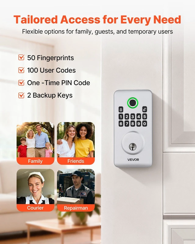 Alt view image 2 of 8 - VEVOR Fingerprint Door Lock, Electronic Biometric Deadbolt with Pioneering Easy-Grip Design, Auto Locking, One-Time Code, Anti-Peeking Password, Keyless Entry Door Lock for Home, Apartment, Silver