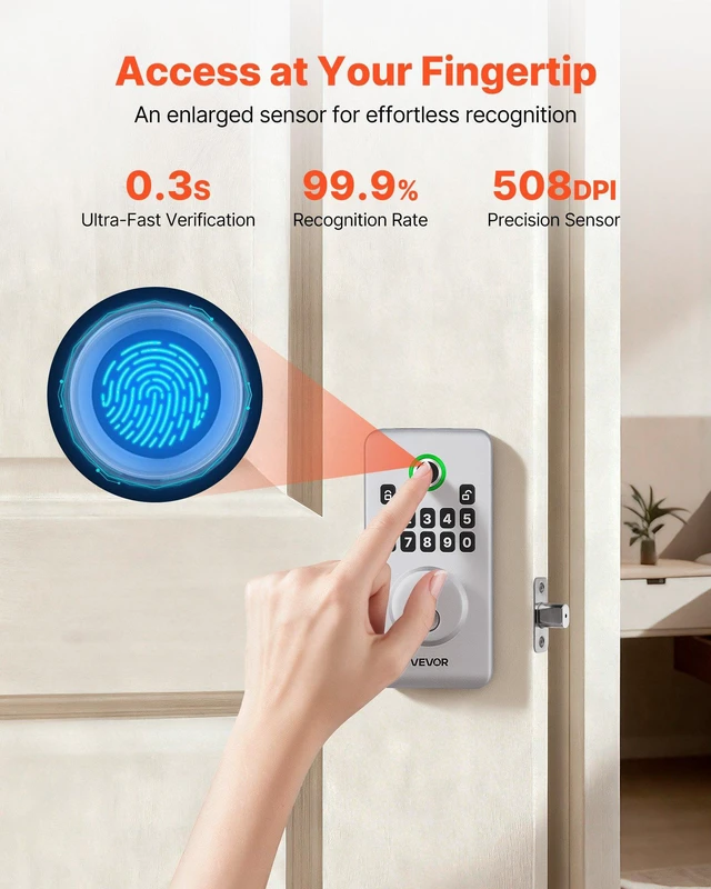 Alt view image 3 of 8 - VEVOR Fingerprint Door Lock, Electronic Biometric Deadbolt with Pioneering Easy-Grip Design, Auto Locking, One-Time Code, Anti-Peeking Password, Keyless Entry Door Lock for Home, Apartment, Silver