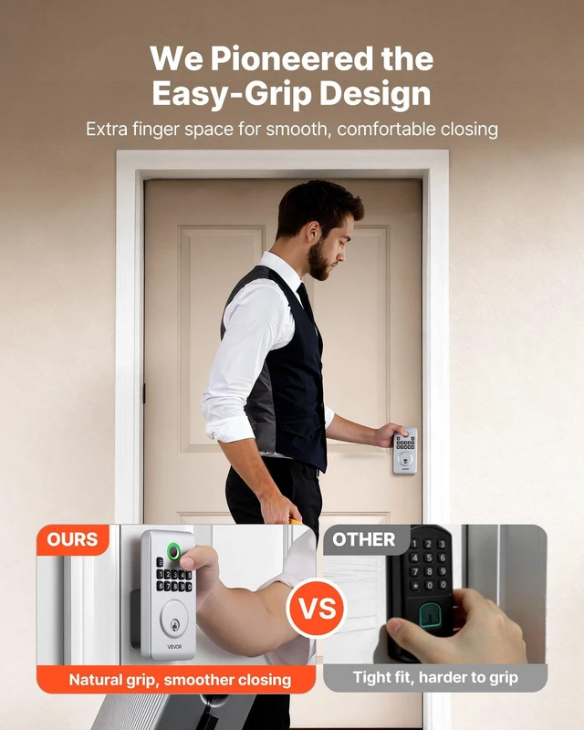 Alt view image 4 of 8 - VEVOR Fingerprint Door Lock, Electronic Biometric Deadbolt with Pioneering Easy-Grip Design, Auto Locking, One-Time Code, Anti-Peeking Password, Keyless Entry Door Lock for Home, Apartment, Silver
