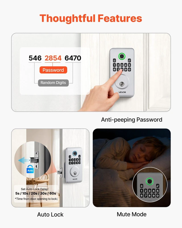 Alt view image 5 of 8 - VEVOR Fingerprint Door Lock, Electronic Biometric Deadbolt with Pioneering Easy-Grip Design, Auto Locking, One-Time Code, Anti-Peeking Password, Keyless Entry Door Lock for Home, Apartment, Silver