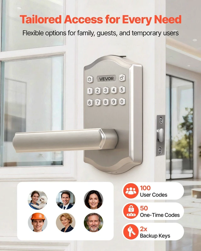Alt view image 2 of 8 - VEVOR Keyless Entry Door Lock with Handle, Electronic Lever Door Handle with Keypad, Customizable User Codes, Keyed Entry, Auto Lock, Anti-Peeking Password, Backlit Keypad, for Home, Satin Nickel
