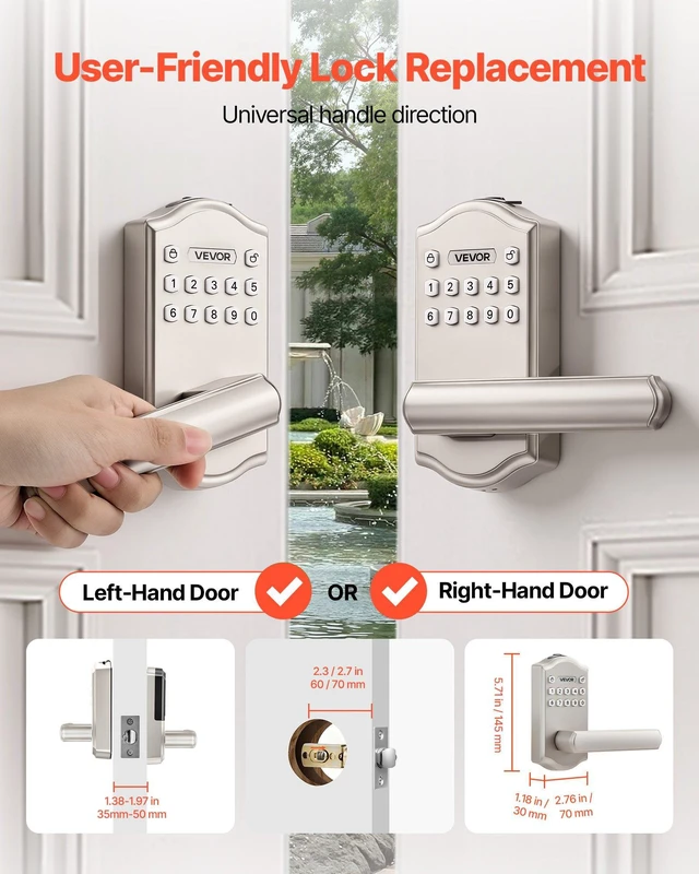 Alt view image 3 of 8 - VEVOR Keyless Entry Door Lock with Handle, Electronic Lever Door Handle with Keypad, Customizable User Codes, Keyed Entry, Auto Lock, Anti-Peeking Password, Backlit Keypad, for Home, Satin Nickel