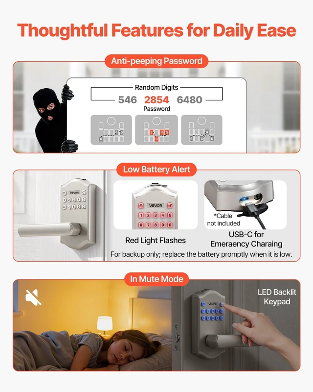 Alt view image 6 of 8 - VEVOR Keyless Entry Door Lock with Handle, Electronic Lever Door Handle with Keypad, Customizable User Codes, Keyed Entry, Auto Lock, Anti-Peeking Password, Backlit Keypad, for Home, Satin Nickel