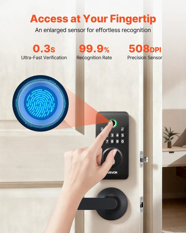 Alt view image 3 of 8 - VEVOR Fingerprint Door Lock Set, Electronic Biometric Deadbolt Keyless Entry Door Lock with Handle, Pioneering Easy-Grip Design, Auto Locking, One-Time Code, Anti-Peeking Password, Matte Black