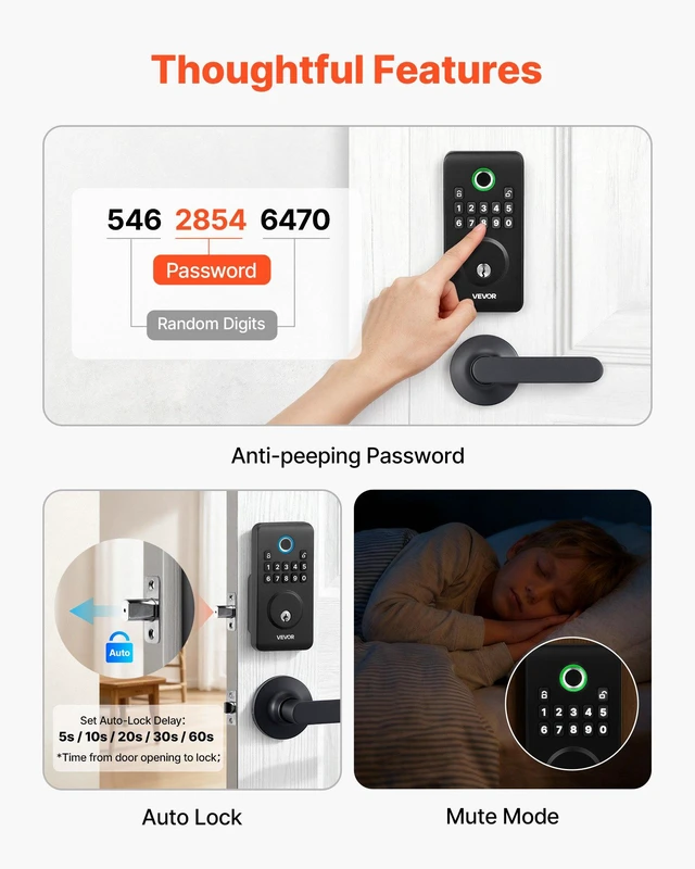 Alt view image 5 of 8 - VEVOR Fingerprint Door Lock Set, Electronic Biometric Deadbolt Keyless Entry Door Lock with Handle, Pioneering Easy-Grip Design, Auto Locking, One-Time Code, Anti-Peeking Password, Matte Black