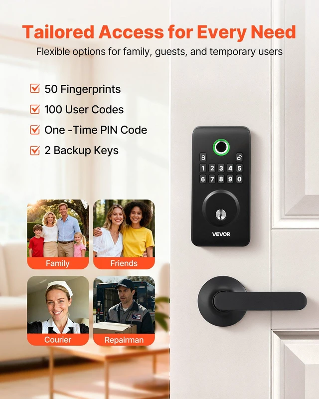 Alt view image 2 of 8 - VEVOR Fingerprint Door Lock Set, Electronic Biometric Deadbolt Keyless Entry Door Lock with Handle, Pioneering Easy-Grip Design, Auto Locking, One-Time Code, Anti-Peeking Password, Matte Black