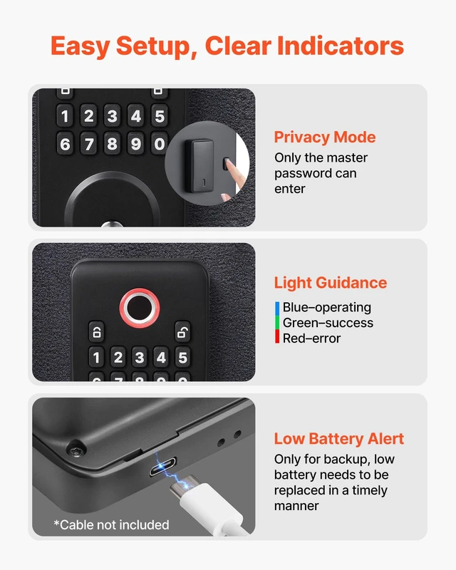 Alt view image 7 of 8 - VEVOR Fingerprint Door Lock Set, Electronic Biometric Deadbolt Keyless Entry Door Lock with Handle, Pioneering Easy-Grip Design, Auto Locking, One-Time Code, Anti-Peeking Password, Matte Black