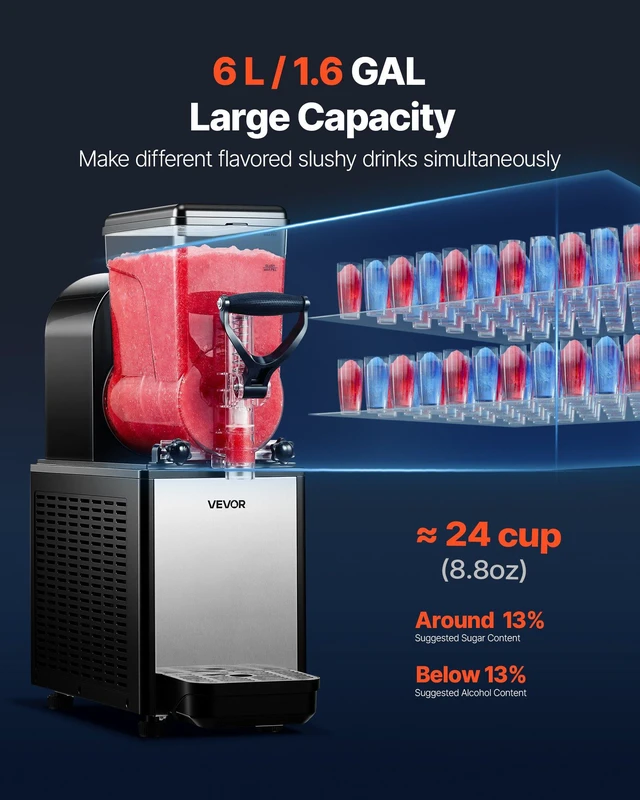 Alt view image 2 of 8 - VEVOR Slushie Machine, 6L/1.6Gal Commercial Slushy Maker, Frozen Drink Maker with Self-Cleaning, Margarita Machine for Restaurants Bars Party for Slushie, Margaritas, Milkshake & More
