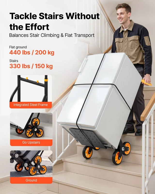 Alt view image 2 of 8 - VEVOR Stair Climbing Cart, 330 lbs Stair-Climbing Capacity, Heavy-Duty Folding Trolley Cart with Telescoping Handle, 6 Wheels and 2 Bungee Cords, Stair Climber Dolly for Home, Groceries, Warehouse