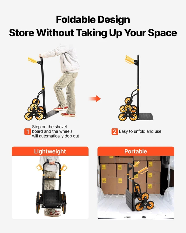 Alt view image 4 of 8 - VEVOR Stair Climbing Cart, 330 lbs Stair-Climbing Capacity, Heavy-Duty Folding Trolley Cart with Telescoping Handle, 6 Wheels and 2 Bungee Cords, Stair Climber Dolly for Home, Groceries, Warehouse