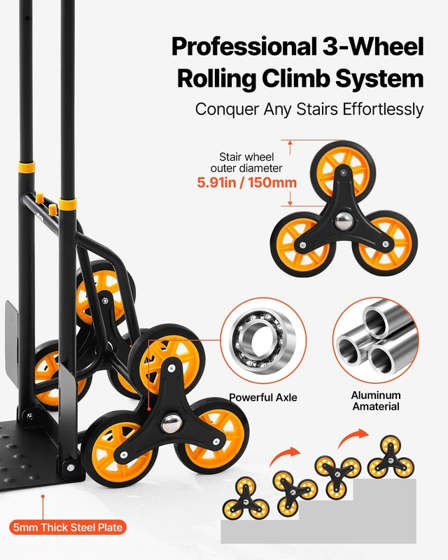 Alt view image 3 of 8 - VEVOR Stair Climbing Cart, 330 lbs Stair-Climbing Capacity, Heavy-Duty Folding Trolley Cart with Telescoping Handle, 6 Wheels and 2 Bungee Cords, Stair Climber Dolly for Home, Groceries, Warehouse