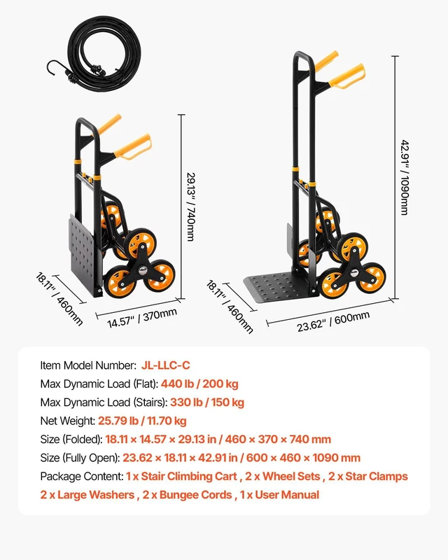 Alt view image 7 of 8 - VEVOR Stair Climbing Cart, 330 lbs Stair-Climbing Capacity, Heavy-Duty Folding Trolley Cart with Telescoping Handle, 6 Wheels and 2 Bungee Cords, Stair Climber Dolly for Home, Groceries, Warehouse
