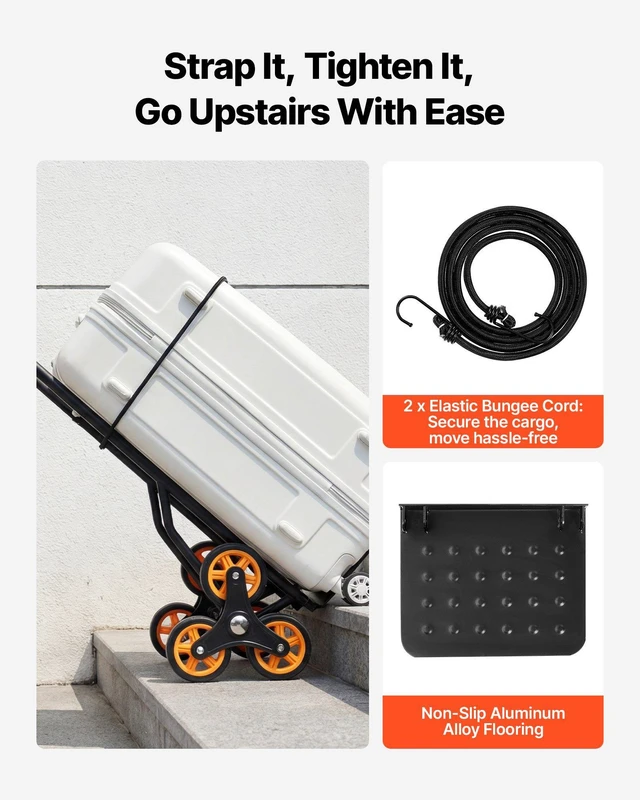 Alt view image 5 of 8 - VEVOR Stair Climbing Cart, 330 lbs Stair-Climbing Capacity, Heavy-Duty Folding Trolley Cart with Telescoping Handle, 6 Wheels and 2 Bungee Cords, Stair Climber Dolly for Home, Groceries, Warehouse
