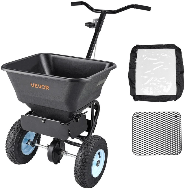 Alt view image 8 of 14 - Lawn Spreader, 100LBS Capacity, Walk-Behind Push Spreader, 0-9.8ft Spreading Width, 13 in All Terrain Pneumatic Tires, Fertilizer Spreaders with Hopper Grate, for Seed Salt Ice Melt