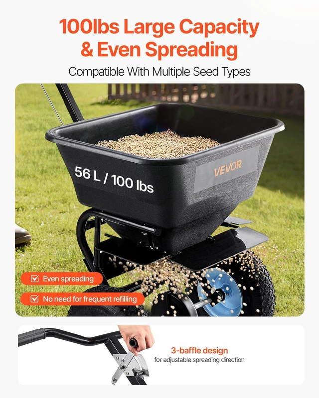 Alt view image 9 of 14 - Lawn Spreader, 100LBS Capacity, Walk-Behind Push Spreader, 0-9.8ft Spreading Width, 13 in All Terrain Pneumatic Tires, Fertilizer Spreaders with Hopper Grate, for Seed Salt Ice Melt