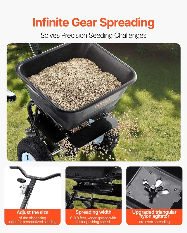 Alt view image 10 of 14 - Lawn Spreader, 100LBS Capacity, Walk-Behind Push Spreader, 0-9.8ft Spreading Width, 13 in All Terrain Pneumatic Tires, Fertilizer Spreaders with Hopper Grate, for Seed Salt Ice Melt