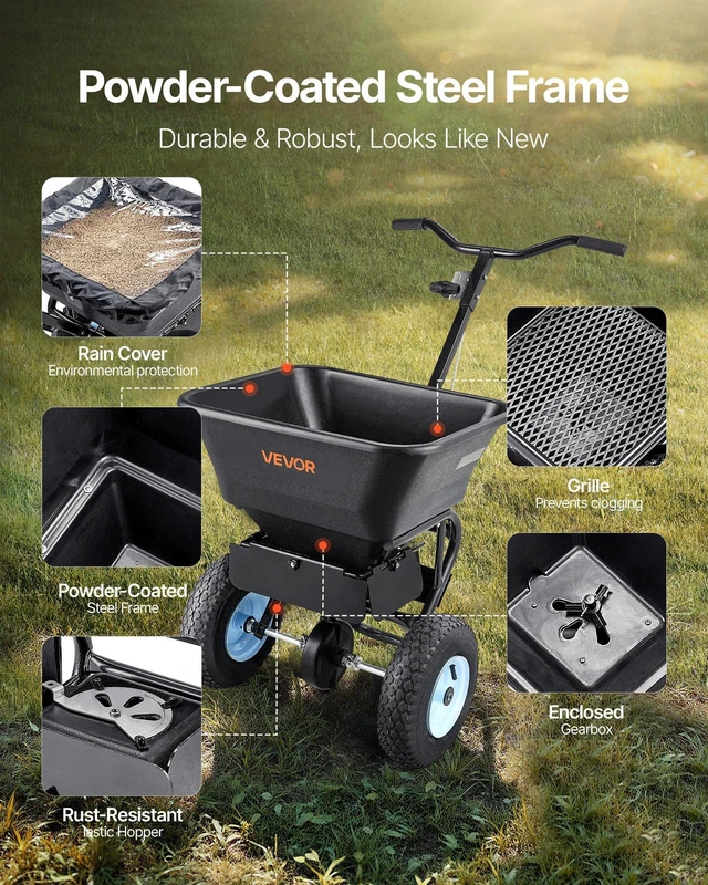Alt view image 11 of 14 - Lawn Spreader, 100LBS Capacity, Walk-Behind Push Spreader, 0-9.8ft Spreading Width, 13 in All Terrain Pneumatic Tires, Fertilizer Spreaders with Hopper Grate, for Seed Salt Ice Melt
