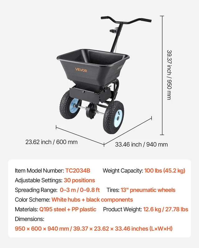 Alt view image 14 of 14 - Lawn Spreader, 100LBS Capacity, Walk-Behind Push Spreader, 0-9.8ft Spreading Width, 13 in All Terrain Pneumatic Tires, Fertilizer Spreaders with Hopper Grate, for Seed Salt Ice Melt