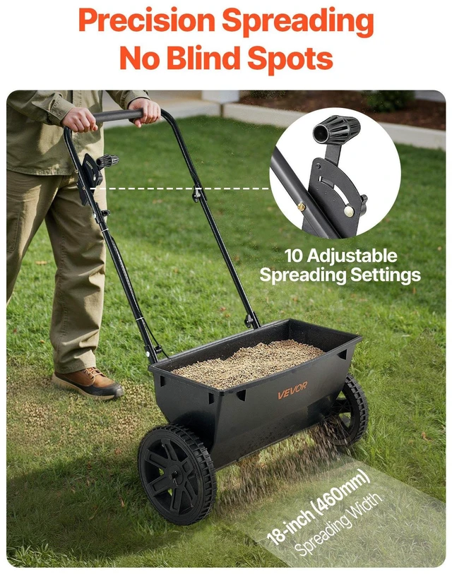 Alt view image 9 of 14 - Walk-Behind Push Spreader, 50LBS Capacity, Drop Spreader with Hopper Grate, 18 in Spreading Width & 30 Settings, 10 in All Terrain Tires, Garden & Lawn Spreaders for Seed, Fertilizer, Salt