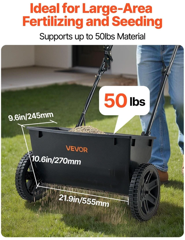 Alt view image 10 of 14 - Walk-Behind Push Spreader, 50LBS Capacity, Drop Spreader with Hopper Grate, 18 in Spreading Width & 30 Settings, 10 in All Terrain Tires, Garden & Lawn Spreaders for Seed, Fertilizer, Salt