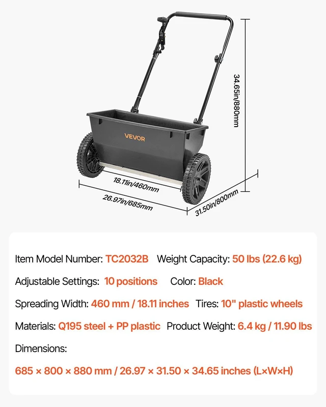 Alt view image 14 of 14 - Walk-Behind Push Spreader, 50LBS Capacity, Drop Spreader with Hopper Grate, 18 in Spreading Width & 30 Settings, 10 in All Terrain Tires, Garden & Lawn Spreaders for Seed, Fertilizer, Salt