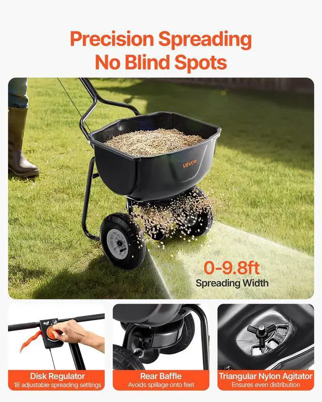 Alt view image 9 of 14 - Walk Behind Spreader, 60LBS Capacity, Push Spreader with Hopper Grate, 0-9.8 ft Spreading Width, 8 in All Terrain Pneumatic Tires, Garden & Lawn Broadcast Spreaders, for Seed, Fertilizer