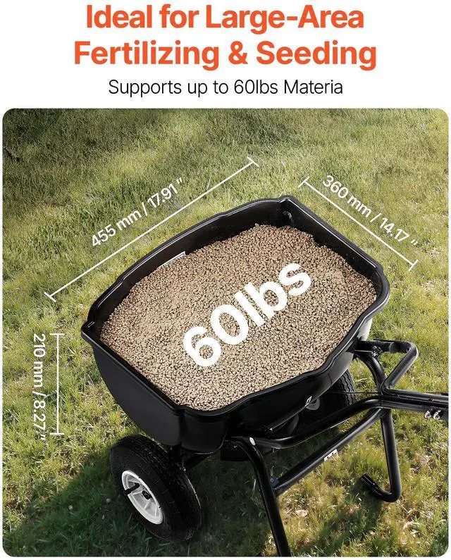Alt view image 10 of 14 - Walk Behind Spreader, 60LBS Capacity, Push Spreader with Hopper Grate, 0-9.8 ft Spreading Width, 8 in All Terrain Pneumatic Tires, Garden & Lawn Broadcast Spreaders, for Seed, Fertilizer