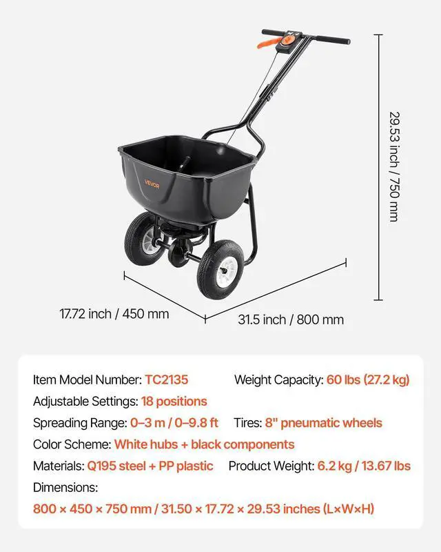 Alt view image 14 of 14 - Walk Behind Spreader, 60LBS Capacity, Push Spreader with Hopper Grate, 0-9.8 ft Spreading Width, 8 in All Terrain Pneumatic Tires, Garden & Lawn Broadcast Spreaders, for Seed, Fertilizer