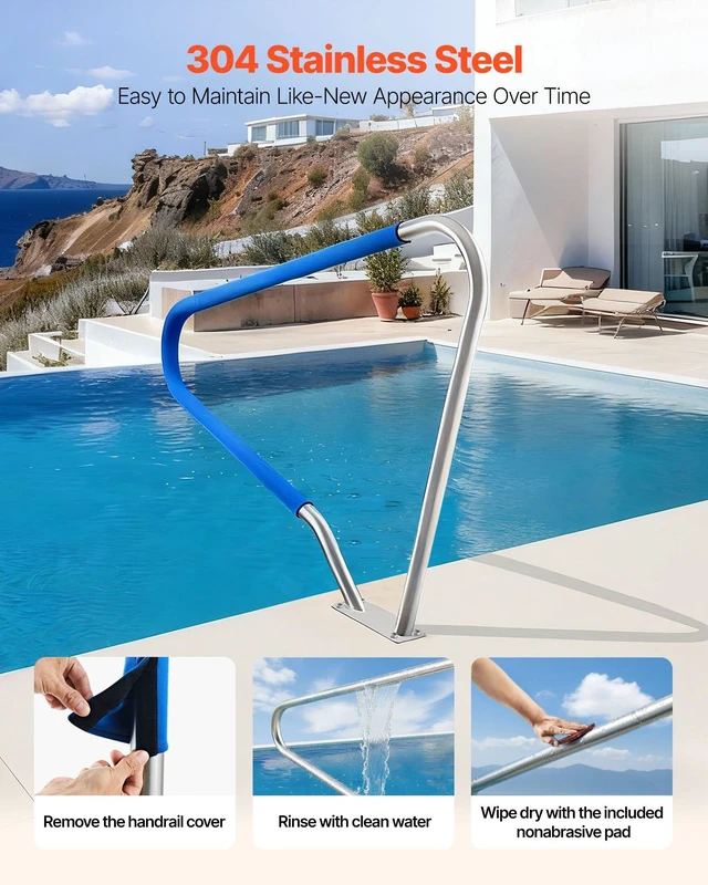 Alt view image 10 of 15 - Pool Rail, 48 x 36 inch Pool Handrail, 220 lbs Load Capacity Heavy Duty 304 Stainless Steel Swimming Handrail, Detachable Nonslip Sleeve, Rich Accessories, for Poolside, Water Parks, Spa Centers