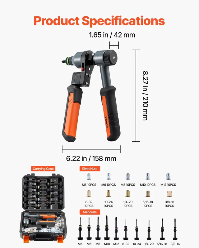 Alt view image 7 of 8 - VEVOR Rivet Nut Tool Kit, 9-Inch Ratchet Rivnut Tool Kit, with 10 Mandrels and 100 Nuts, Metric and SAE Size M5, M6, M8, M10, M12, 8-32, 10-24, 1/4-20, 5/16-18, 3/8-16 UNC, with a Rugged Carrying Case