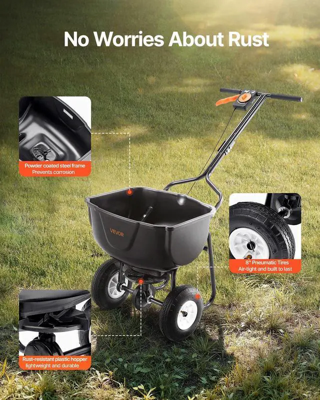 Alt view image 12 of 14 - Walk Behind Spreader, 60LBS Capacity, Push Spreader with Hopper Grate, 0-9.8 ft Spreading Width, 8 in All Terrain Pneumatic Tires, Garden & Lawn Broadcast Spreaders, for Seed, Fertilizer