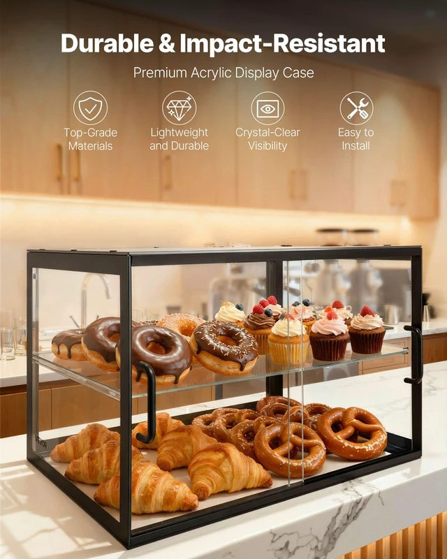 Alt view image 2 of 8 - VEVOR Bakery Display Case, 2-Tier Commercial Countertop Pastry Display Case, Clear Acrylic Bread Box for Kitchen, Party Cake Cabinet with Sliding Door for Cookie Dessert Donut, 21.7" x 15.2" x 15.4"
