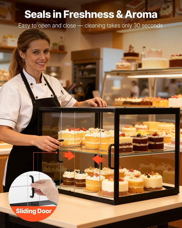 Alt view image 4 of 8 - VEVOR Bakery Display Case, 2-Tier Commercial Countertop Pastry Display Case, Clear Acrylic Bread Box for Kitchen, Party Cake Cabinet with Sliding Door for Cookie Dessert Donut, 21.7" x 15.2" x 15.4"