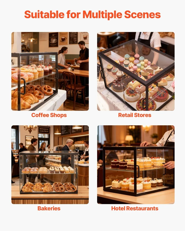Alt view image 7 of 8 - VEVOR Bakery Display Case, 2-Tier Commercial Countertop Pastry Display Case, Clear Acrylic Bread Box for Kitchen, Party Cake Cabinet with Sliding Door for Cookie Dessert Donut, 21.7" x 15.2" x 15.4"