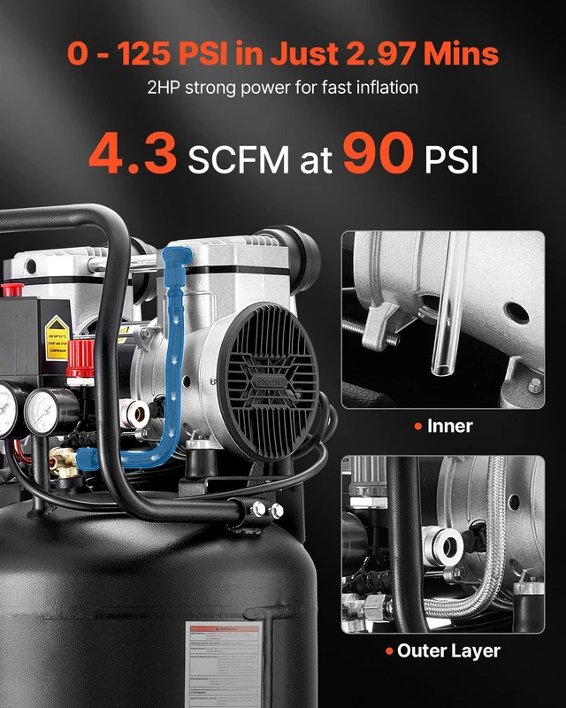 Alt view image 2 of 8 - VEVOR 14-Gallon Air Compressor, 2HP 4.3 SCFM at 90PSI, Max 125PSI Pressure Oil-Free Air Compressor Tank, Portable on Wheels for Auto Repair, Tire Inflation, Spray Painting, Woodwork Nailing, 120V
