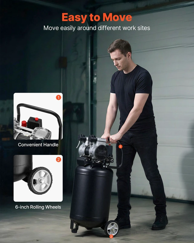 Alt view image 4 of 8 - VEVOR 14-Gallon Air Compressor, 2HP 4.3 SCFM at 90PSI, Max 125PSI Pressure Oil-Free Air Compressor Tank, Portable on Wheels for Auto Repair, Tire Inflation, Spray Painting, Woodwork Nailing, 120V