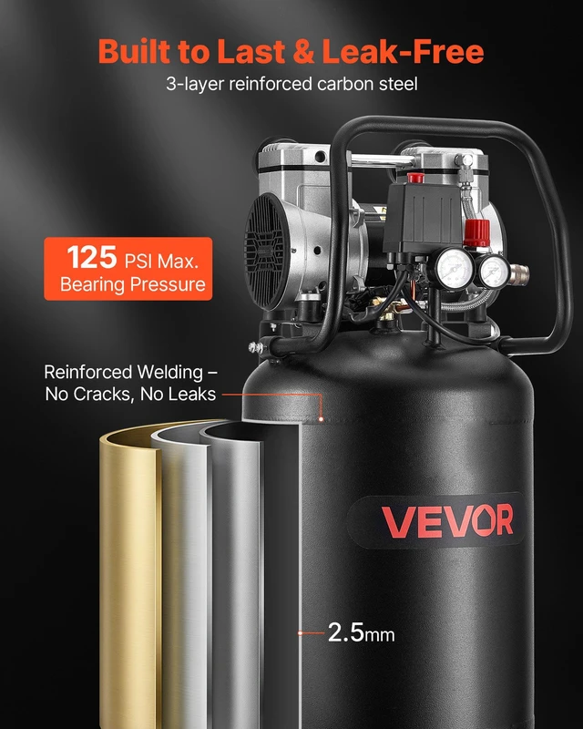 Alt view image 5 of 8 - VEVOR 14-Gallon Air Compressor, 2HP 4.3 SCFM at 90PSI, Max 125PSI Pressure Oil-Free Air Compressor Tank, Portable on Wheels for Auto Repair, Tire Inflation, Spray Painting, Woodwork Nailing, 120V