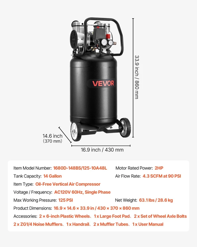 Alt view image 7 of 8 - VEVOR 14-Gallon Air Compressor, 2HP 4.3 SCFM at 90PSI, Max 125PSI Pressure Oil-Free Air Compressor Tank, Portable on Wheels for Auto Repair, Tire Inflation, Spray Painting, Woodwork Nailing, 120V