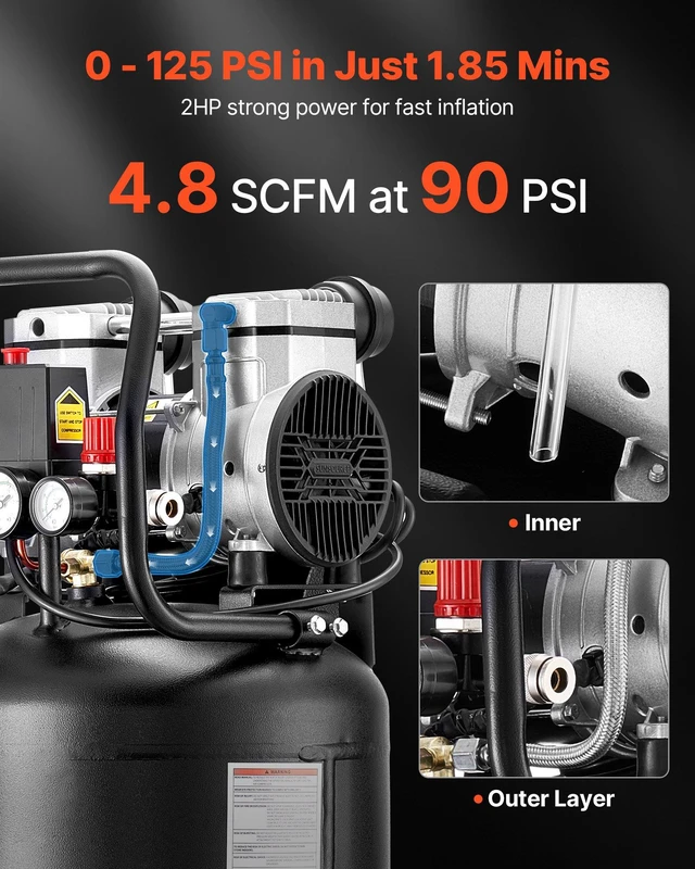 Alt view image 2 of 8 - VEVOR 10-Gallon Air Compressor, 2HP 4.8 SCFM at 90PSI, Max 125PSI Pressure Oil-Free Air Compressor Tank, Portable on Wheels for Auto Repair, Tire Inflation, Spray Painting, Woodwork Nailing, 120V
