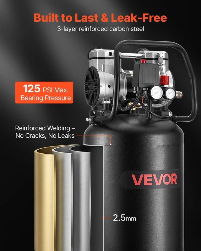 Alt view image 5 of 8 - VEVOR 10-Gallon Air Compressor, 2HP 4.8 SCFM at 90PSI, Max 125PSI Pressure Oil-Free Air Compressor Tank, Portable on Wheels for Auto Repair, Tire Inflation, Spray Painting, Woodwork Nailing, 120V