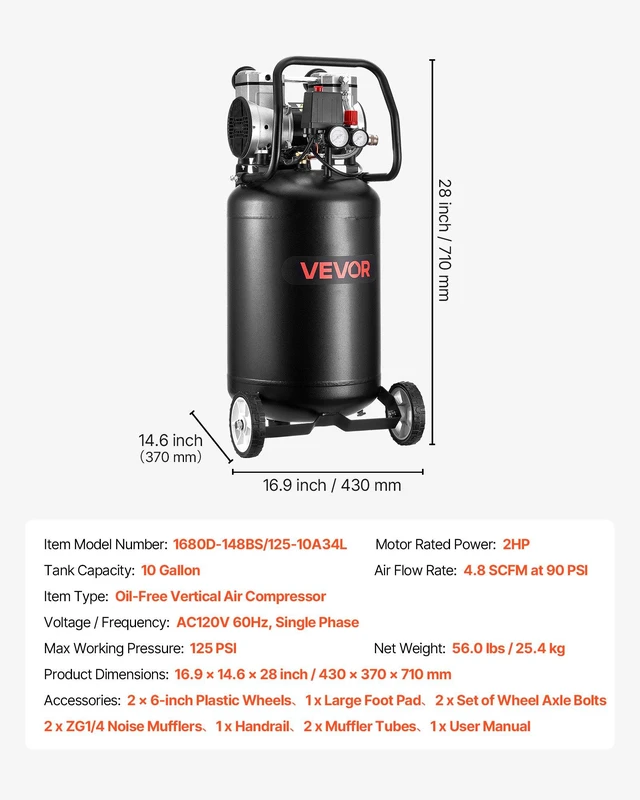 Alt view image 7 of 8 - VEVOR 10-Gallon Air Compressor, 2HP 4.8 SCFM at 90PSI, Max 125PSI Pressure Oil-Free Air Compressor Tank, Portable on Wheels for Auto Repair, Tire Inflation, Spray Painting, Woodwork Nailing, 120V