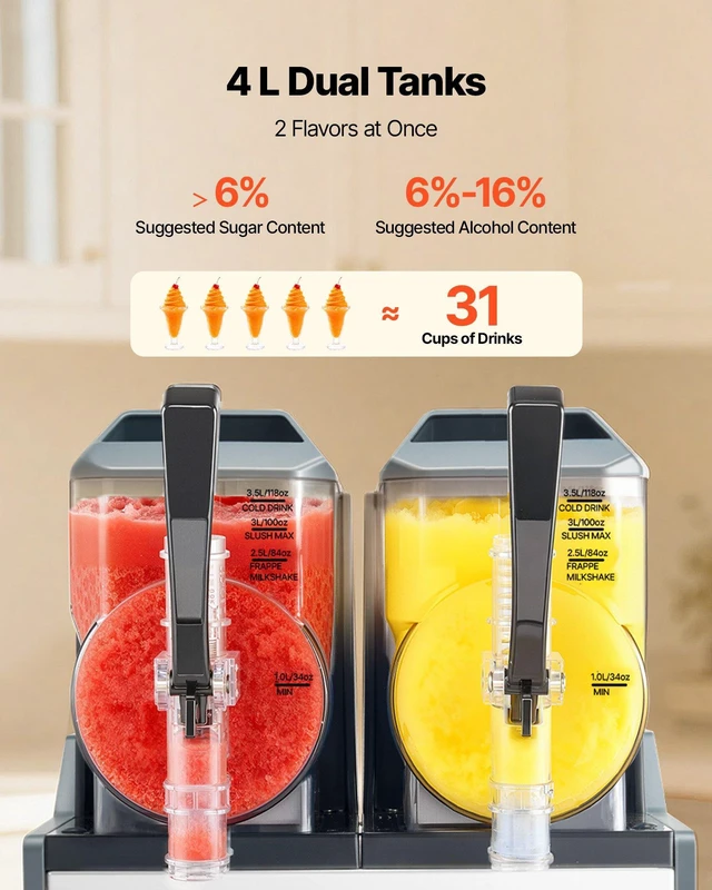 Alt view image 4 of 8 - VEVOR Slushie Machine, 4L/135oz x 2 Tank Slushy Machine for Home, No Ice Needed Frozen Drink Maker, Margarita Maker with Self-Cleaning, for Frozen Margaritas, Frappés, Milkshake & More