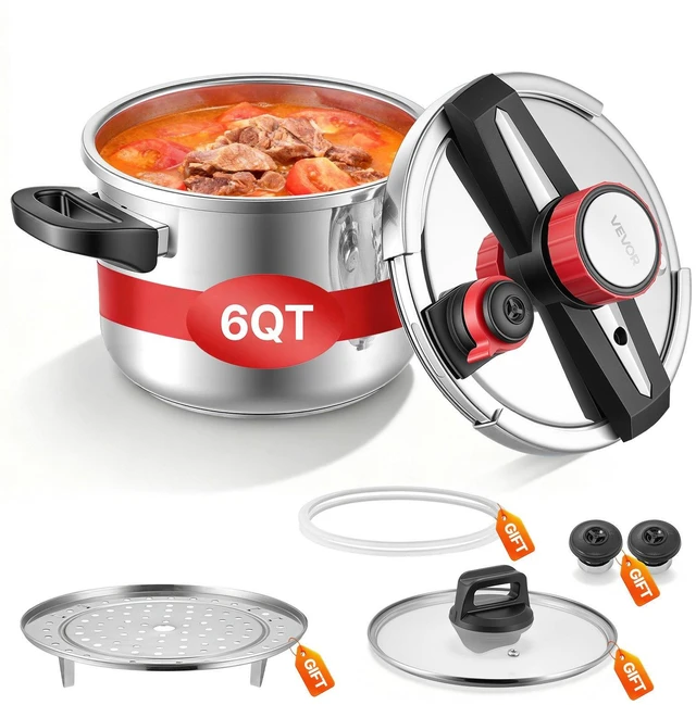 Main image of VEVOR Pressure Cooker, 6.3Qt Pressure Cooker Stainless Steel, Pressures Canner with Steaming Rack, Tempered Glass Lid, Three Pressures Settings for Meat, Beans, Rice, Soup, Sauces, Cook up to 100 kPa
