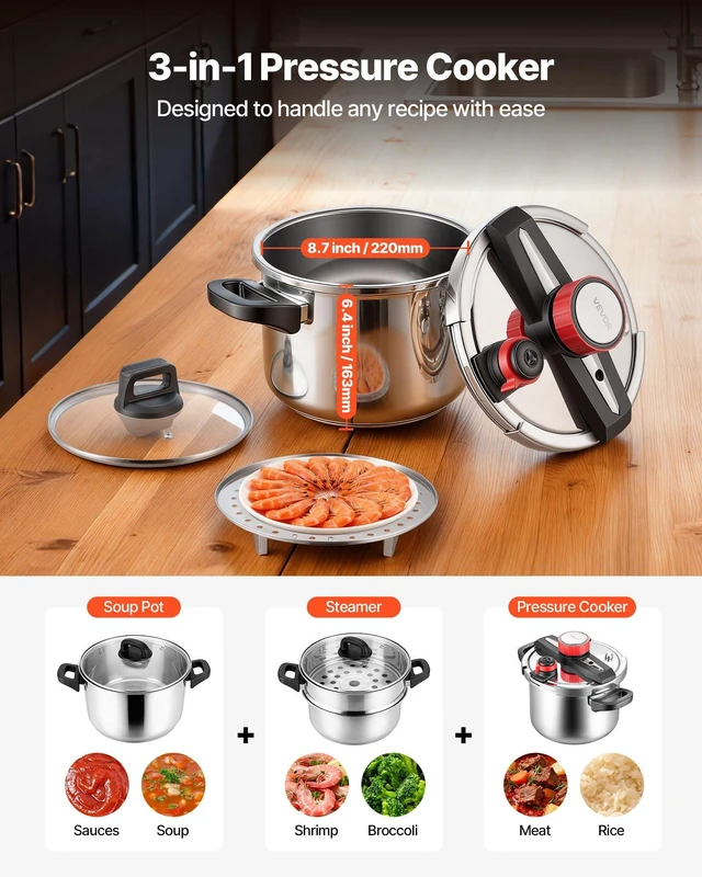 Alt view image 2 of 8 - VEVOR Pressure Cooker, 6.3Qt Pressure Cooker Stainless Steel, Pressures Canner with Steaming Rack, Tempered Glass Lid, Three Pressures Settings for Meat, Beans, Rice, Soup, Sauces, Cook up to 100 kPa