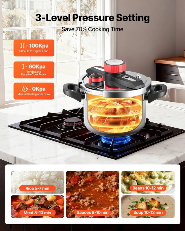 Alt view image 6 of 8 - VEVOR Pressure Cooker, 6.3Qt Pressure Cooker Stainless Steel, Pressures Canner with Steaming Rack, Tempered Glass Lid, Three Pressures Settings for Meat, Beans, Rice, Soup, Sauces, Cook up to 100 kPa