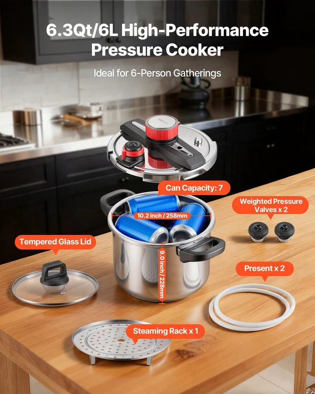 Alt view image 4 of 8 - VEVOR Pressure Cooker, 6.3Qt Pressure Cooker Stainless Steel, Pressures Canner with Steaming Rack, Tempered Glass Lid, Three Pressures Settings for Meat, Beans, Rice, Soup, Sauces, Cook up to 100 kPa