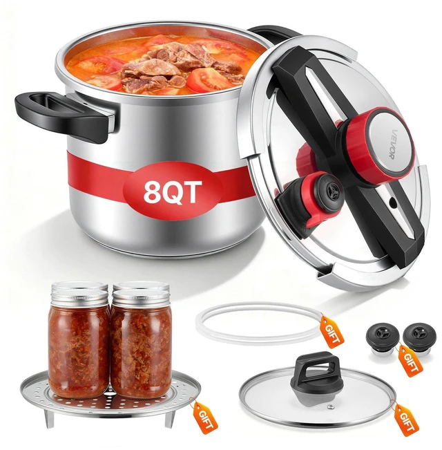 Main image of VEVOR Pressure Cooker, 8Qt Pressure Cooker Stainless Steel, Pressures Canner with Steaming Rack, Tempered Glass Lid, Three Pressures Settings for Meat, Beans, Rice, Soup, Sauces, Cook up to 100 kPa