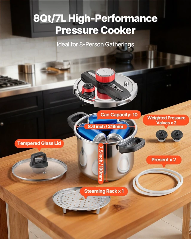 Alt view image 4 of 8 - VEVOR Pressure Cooker, 8Qt Pressure Cooker Stainless Steel, Pressures Canner with Steaming Rack, Tempered Glass Lid, Three Pressures Settings for Meat, Beans, Rice, Soup, Sauces, Cook up to 100 kPa